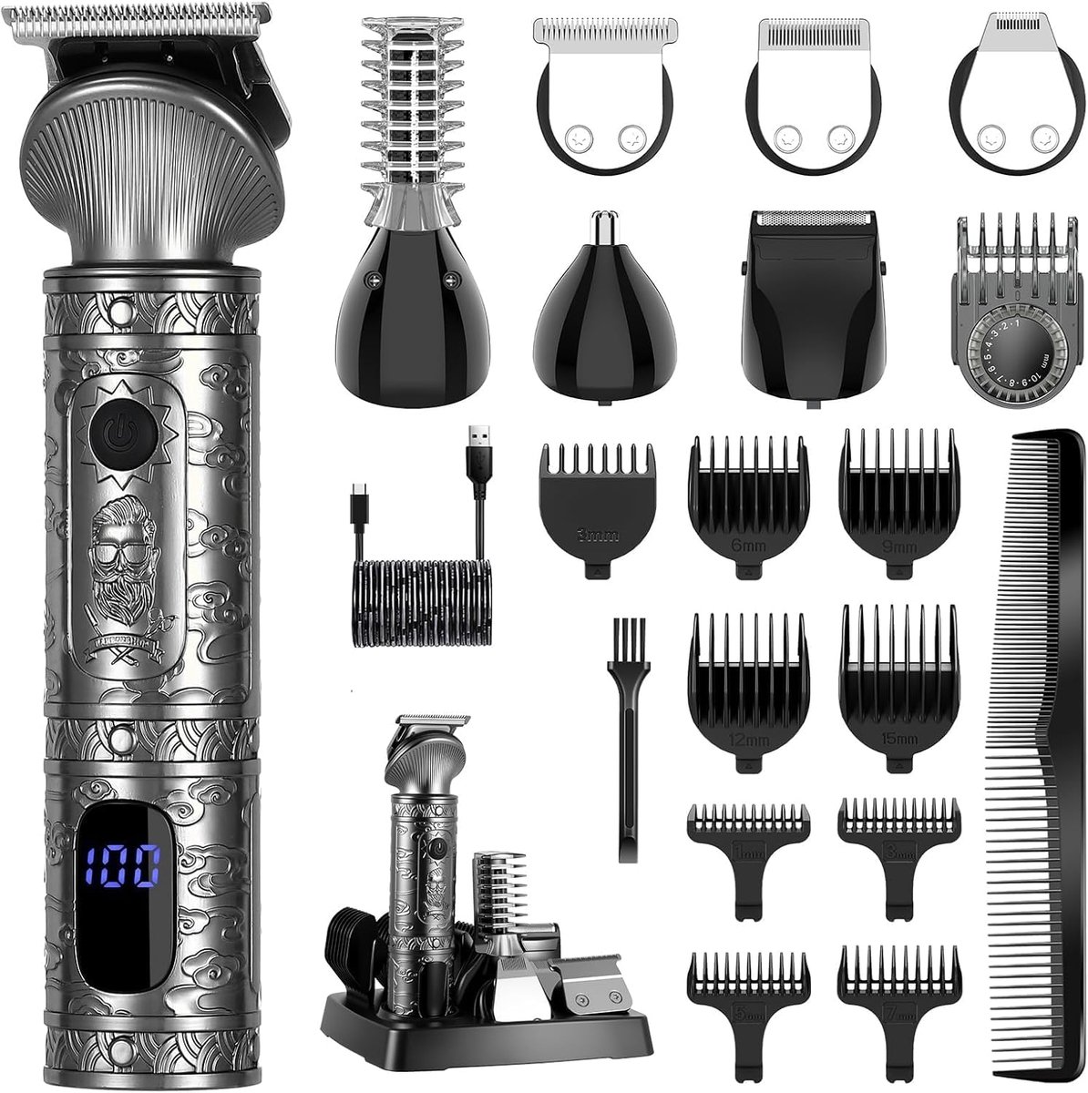 SnelShoppen - 7-in-1 Baardtrimmer en Grooming Set voor Mannen, Professioneel T-Blade Trimmer, Draadloos Scheerapparaat, Neus- en Lichaamstrimmer, Haar