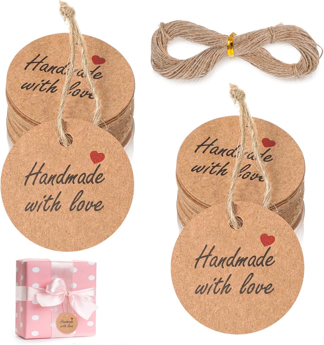 SnelShoppen - 100 Stuks Cadeauhangers 'Hand Made with Love' Kraftpapier Etiketten 5 cm Rond met Koord - Decoratieve Hangetiketten voor Bruiloft, Valen