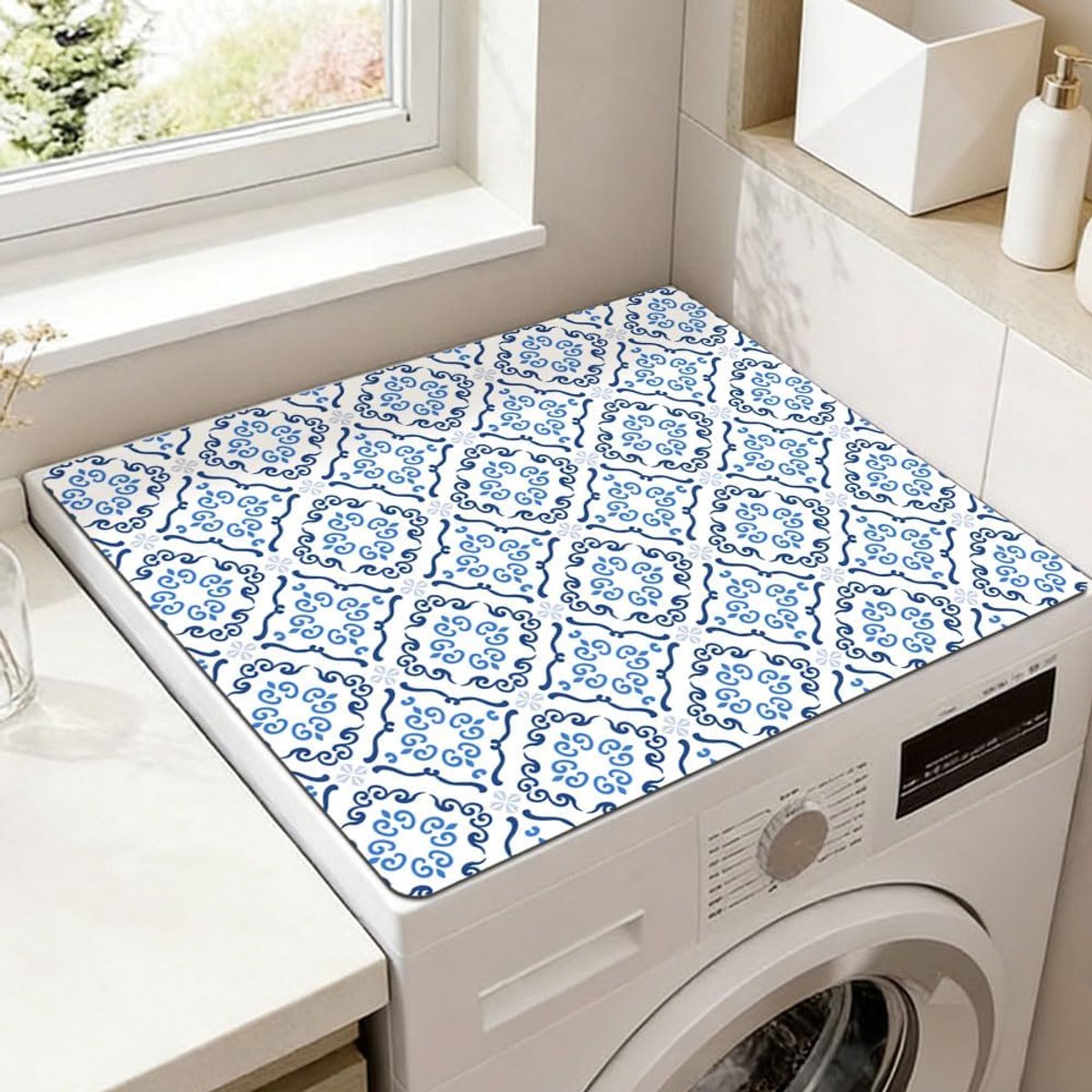 SnelShoppen - Wasmachinemat voor Wasmachine en Droger Bovenlader 60 x 50 cm - Waterdichte Antislip Apparaat Bovenhoes met Blauw Marokkaans Patroon voo