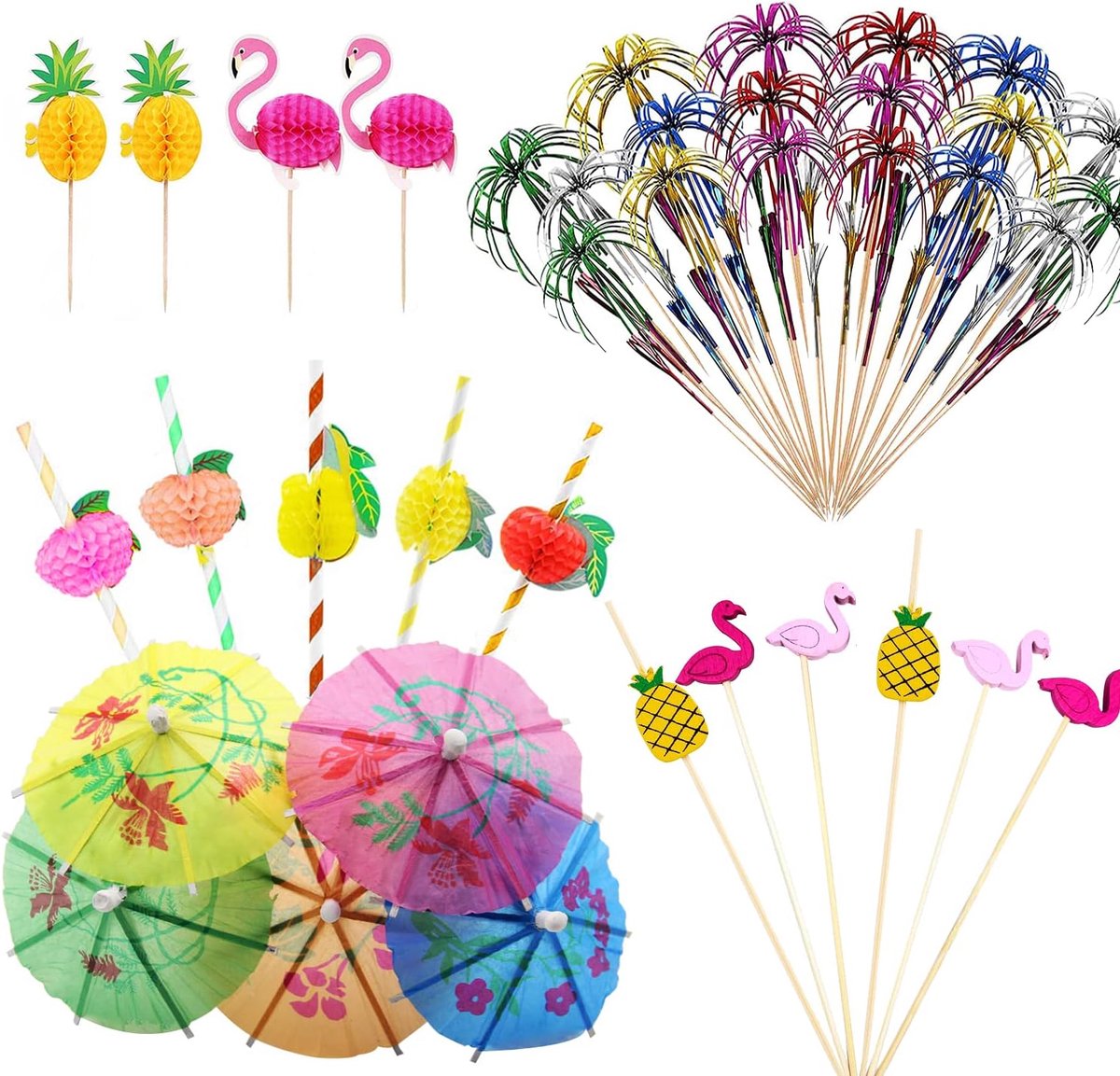 SnelShoppen - 150 Stuks Cocktailparaplu's Feestdecoraties Papieren Rietjes Cocktail Sparklers Honingraat Ananas Stokjes voor Bruiloft Zomer Tropisch H