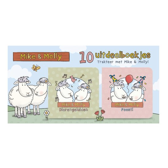 Tien uitdeelboekjes van Mike & Molly met vrolijke schapenillustraties. Een boekje gaat over dierengeluiden, het andere over een feestje.