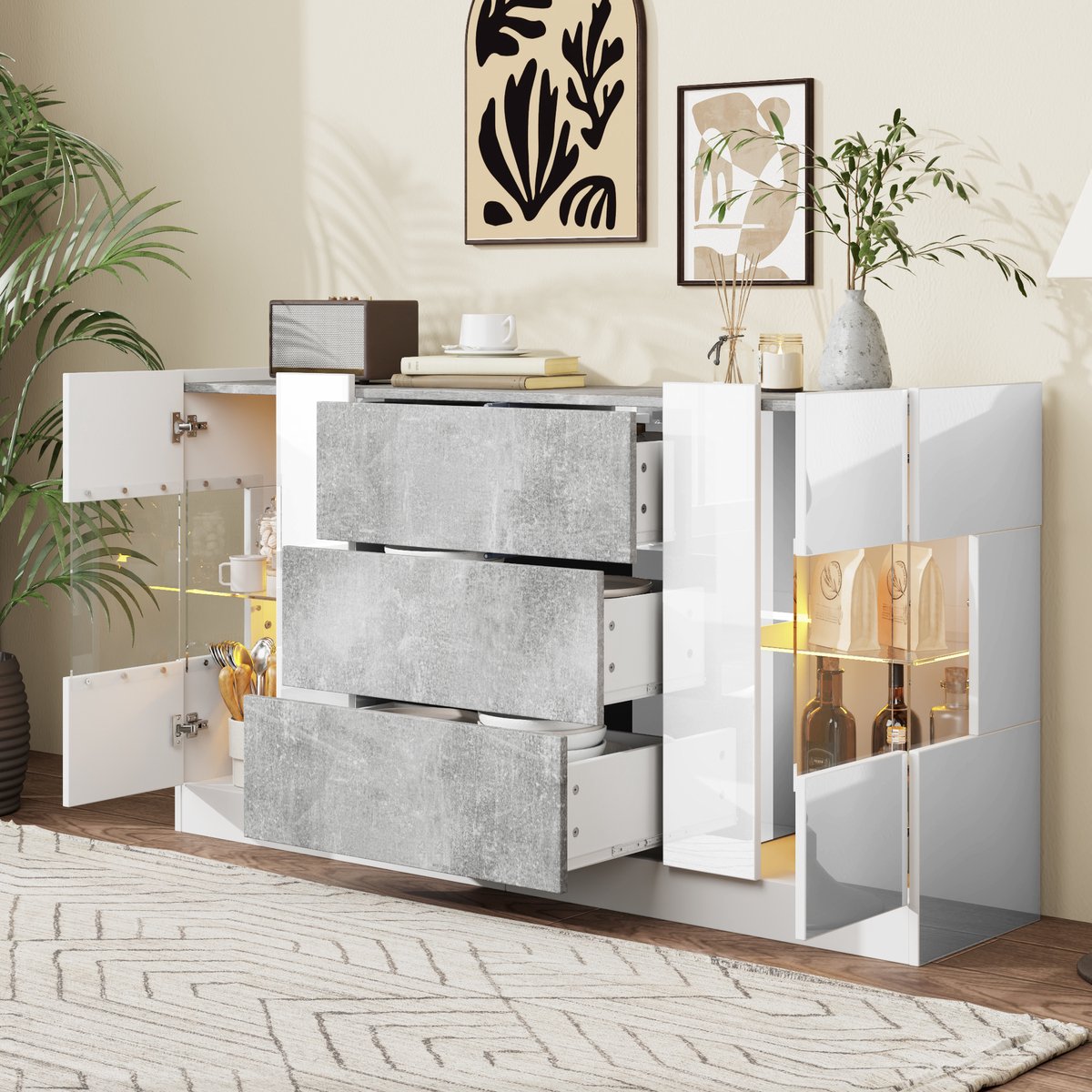 Wishdor - Dressoir - 2 deuren en 3 lades - met LED-verlichting en glas - modern design voor woonkamer of eetkamer - houtlook en glas - wit, grijs marmerlook - 140 x 35 x 75 cm