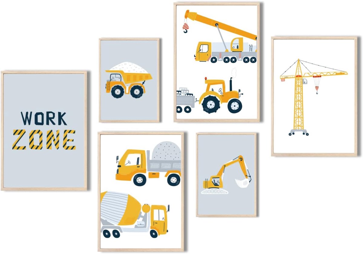 SnelShoppen - Set van 6 Kinderkamer Posters Constructievoertuigen DIN A4 & DIN A5 - Graafmachine, Kraan, Vrachtwagen - Decoratieve Afbeeldingen voor J