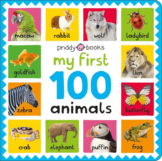 Cover van My First 100 Animals met kleurrijke vakjes met foto's van dieren zoals een leeuw, zebra en papegaai.