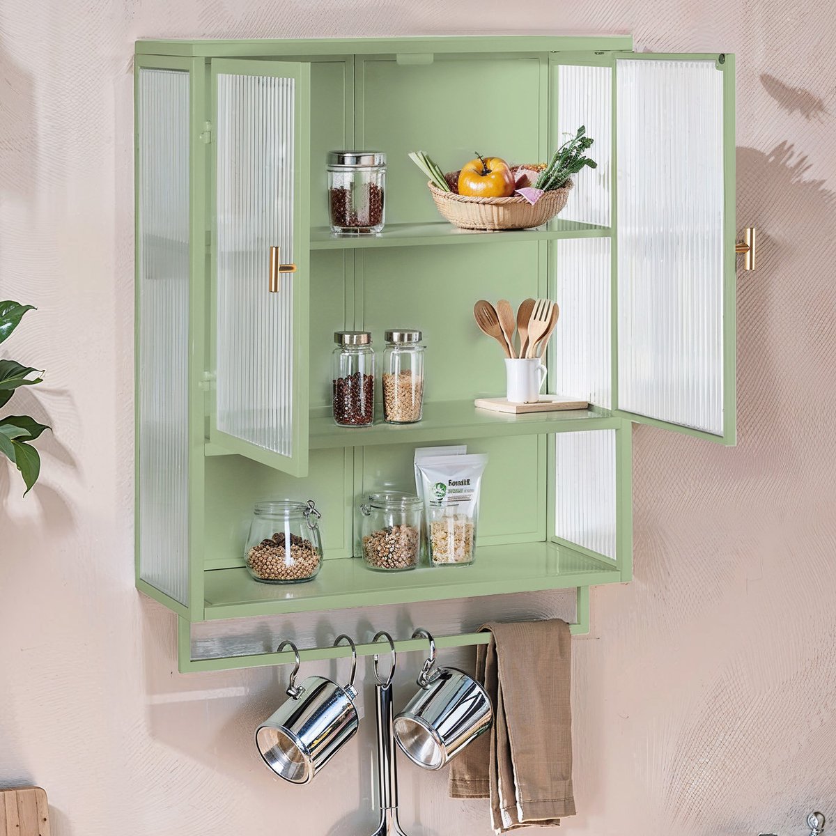Wishdor - Wandkast - 2-deurs glasdeuren met open plank en handdoekrek - Modern - Voor badk