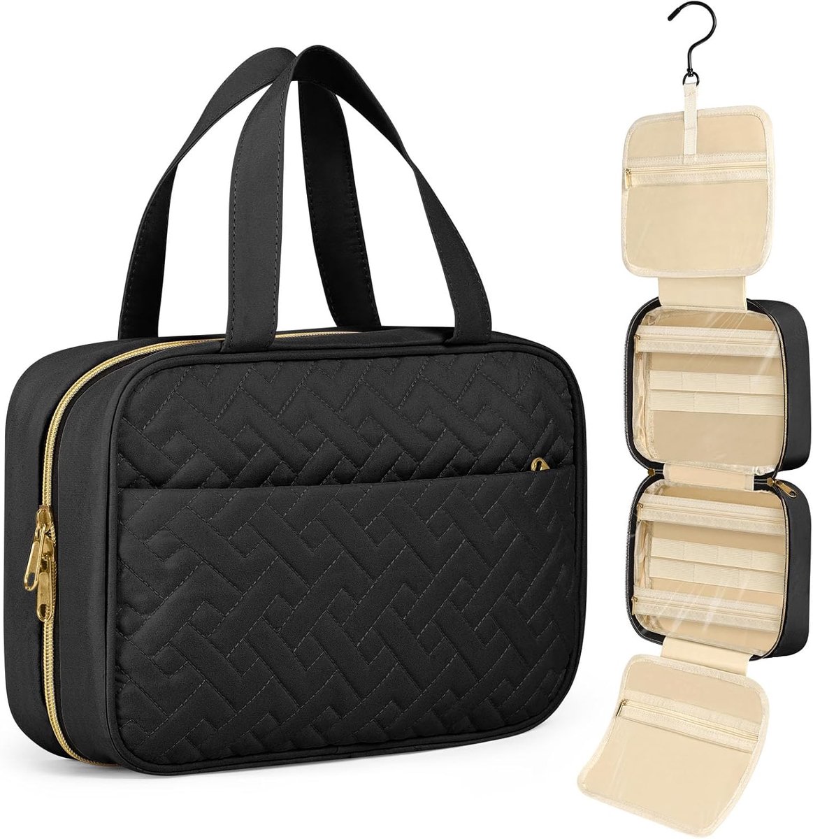 SnelShoppen - Grote Hangende Toilettas voor Vrouwen, Waterproof Reistasje met Haak, Make-up Tas voor Reizen, A-Pink, B-Zwart