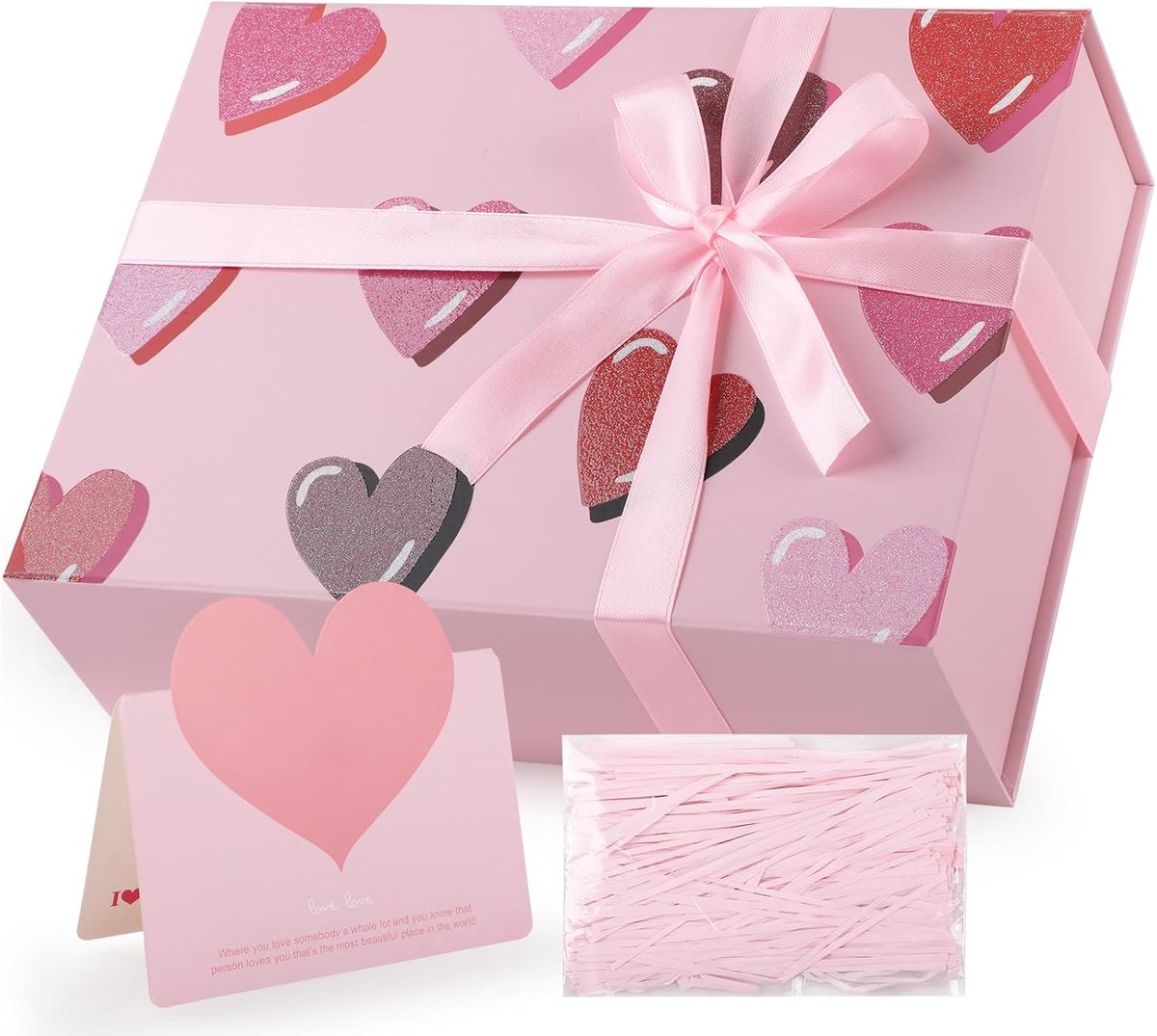 SnelShoppen - Roze geschenkdoos met deksel 26x19x8 cm - Opvouwbare kartonnen doos met lint, wenskaart en versnipperd papier - Perfect voor bruidsmeisj