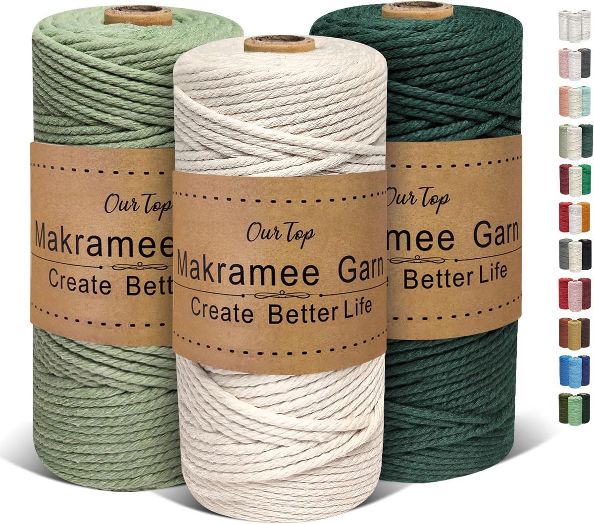 SnelShoppen - 3 Rollen Premium Macramee Touw 3mm x 100m - Gevlochten Macramee Koord, Dikke Touw voor Wanddecoraties, Plantenhangers, DIY Creaties (Bei