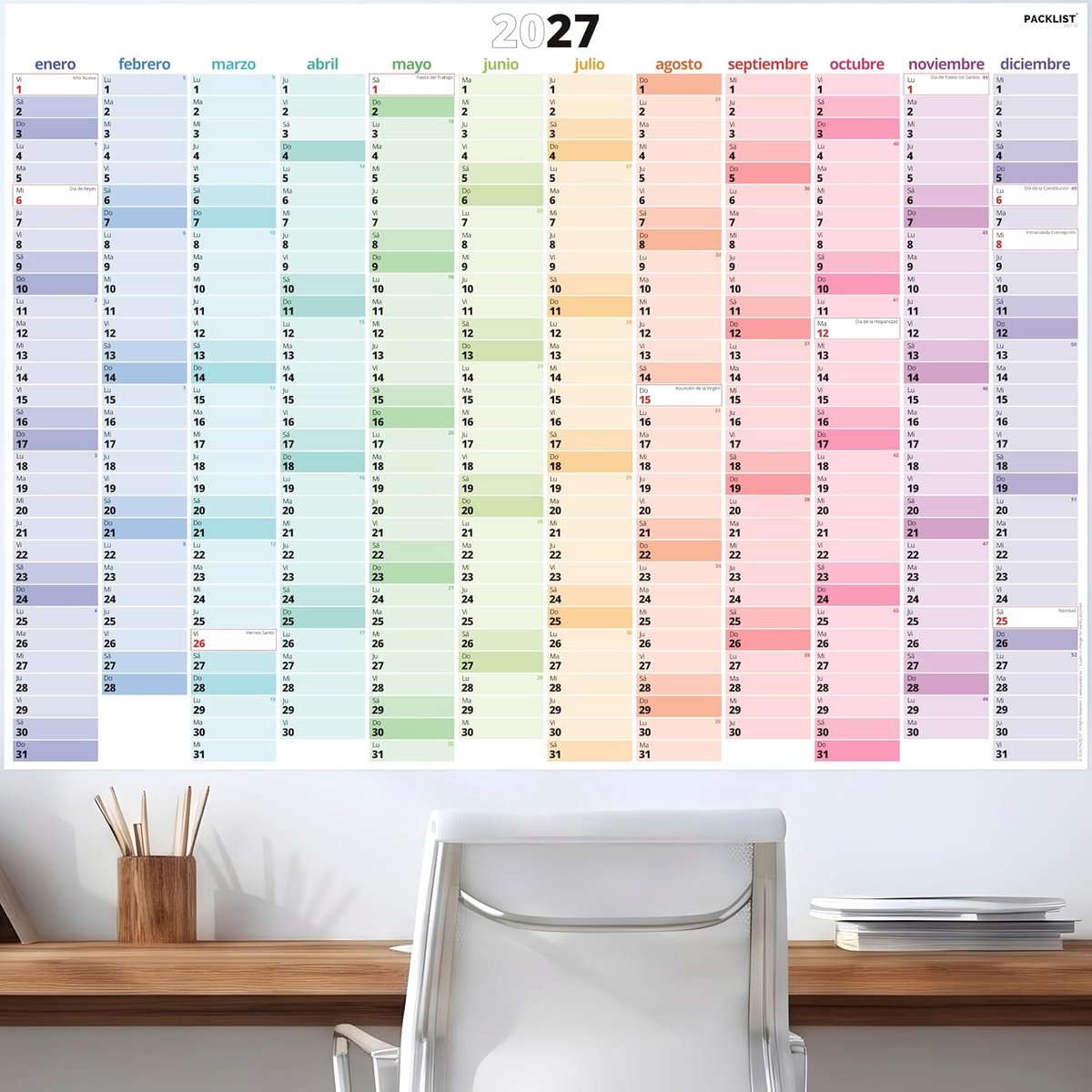 SnelShoppen - XXL Wandkalender 2027, Groot Planningschema met Spaanse Feestdagen, DIN A1 (84 x 59.5 cm), 160 g Papier, Organisatie voor Thuis, Kantoor