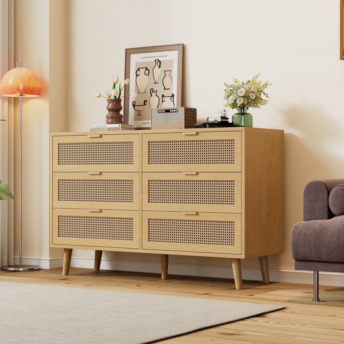 Wishdor - Dressoir - 6 lades - retro opbergkast met rotanlook fronten - vintage stijl voor slaapkamer en woonkamer - houtlook en hout - eiken - 120 x 40 x 76,5 cm