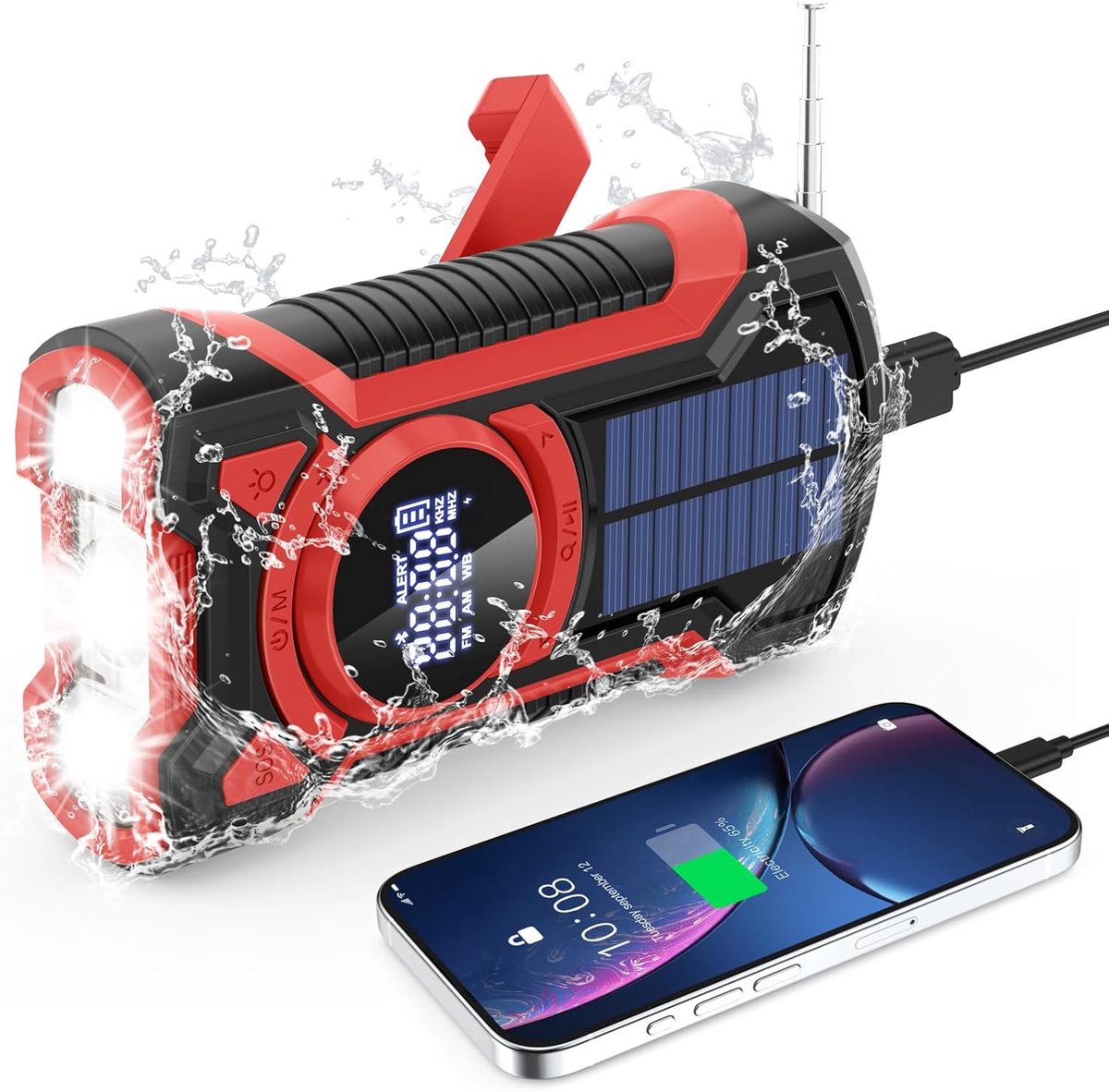 SnelShoppen - 18500 mWh Handkruk Noodradio, Waterdichte Zonne-aangedreven Overlevingsradio met Bluetooth 5.3, USB Telefoonlader en LED-zaklamp voor Ka