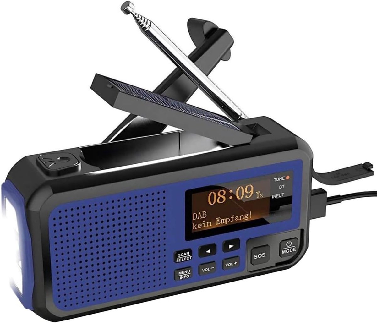 SnelShoppen - Noodradio Solar Opwindbaar DAB+/FM Radio met 5000mAh Oplaadbare Batterij, Draagbare Zonne-energie Radio, Handzwengel, Powerbank, Bluetoo