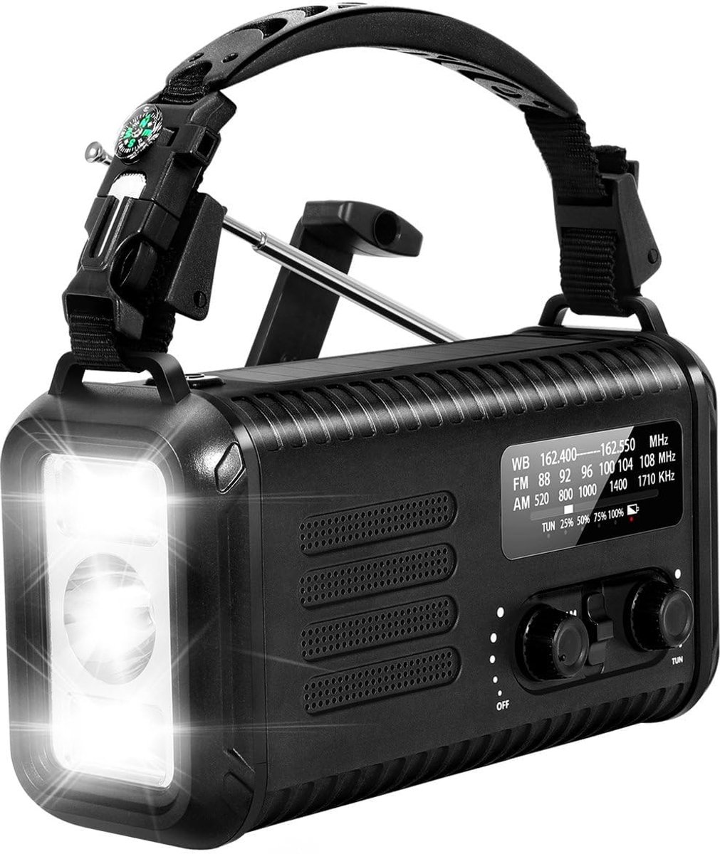 SnelShoppen - NoodRadio Solar Opwindbaar - Draagbare FM/AM Radio met 20.000mAh Powerbank - Zonne-energie, LED Zaklamp, Kompas, Reddingsfluitje - Zwart