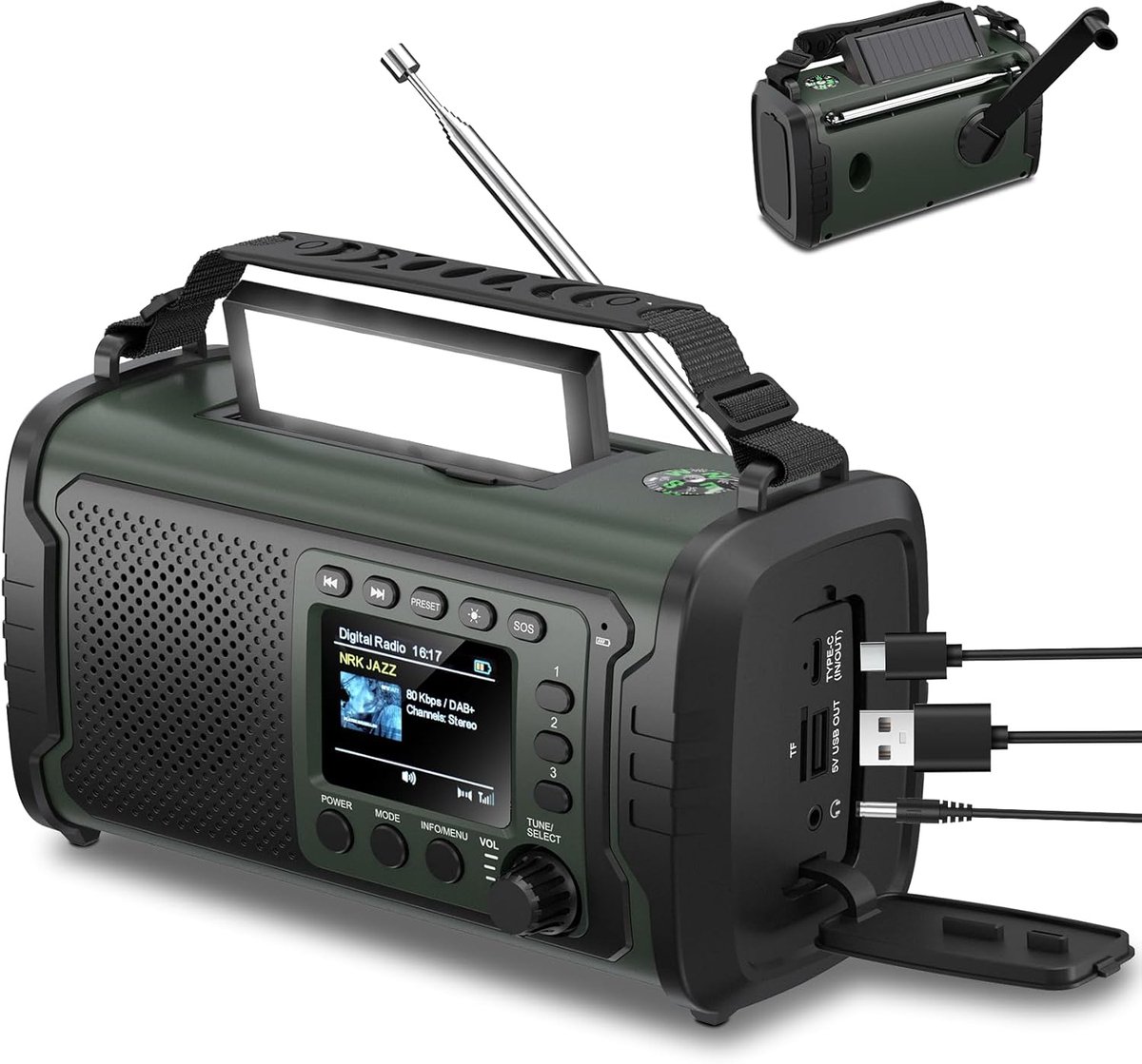 SnelShoppen - 27000mAh DAB+/FM Solar en Swivel Radio - Noodradio met Power Bank, Bluetooth 5.3, SOS, Zaklamp en Kompas voor Buiten & Camping, Legergro