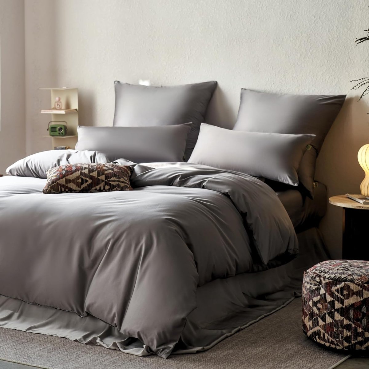 SnelShoppen - Satijnen Beddengoedset 200 x 200 cm Grijs 3-delig Katoen Allergievriendelijk Dekbedovertrek met Ritssluiting + 2 Kussenslopen 80