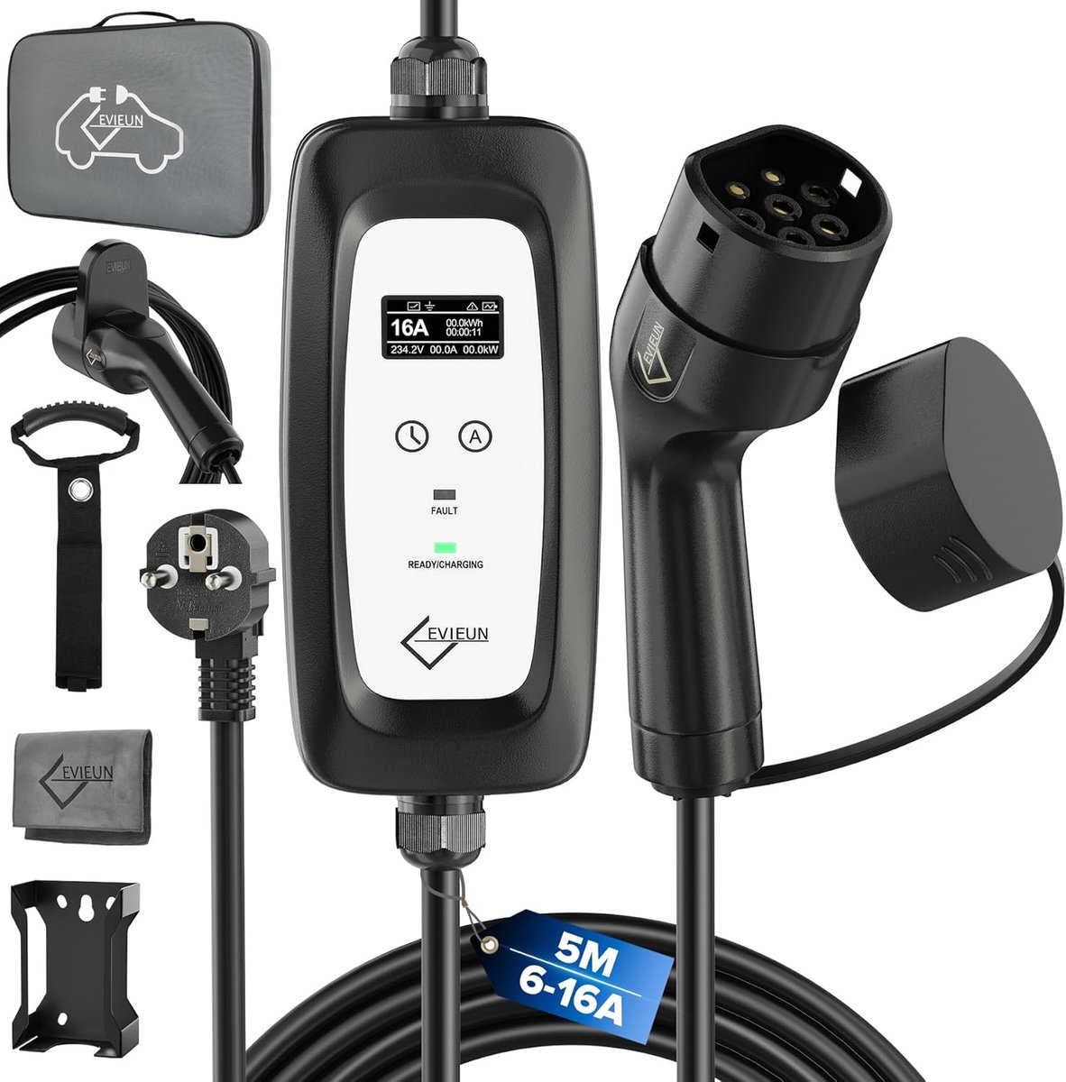 SnelShoppen - Type 2 Oplaadkabel Schuko 3.6 kW [1-Phase 5 m 6-16A] | EV Oplader met Tijdselectie (0-12 Uur) & Digitaal Display | Oplaadkabel Elektrisc