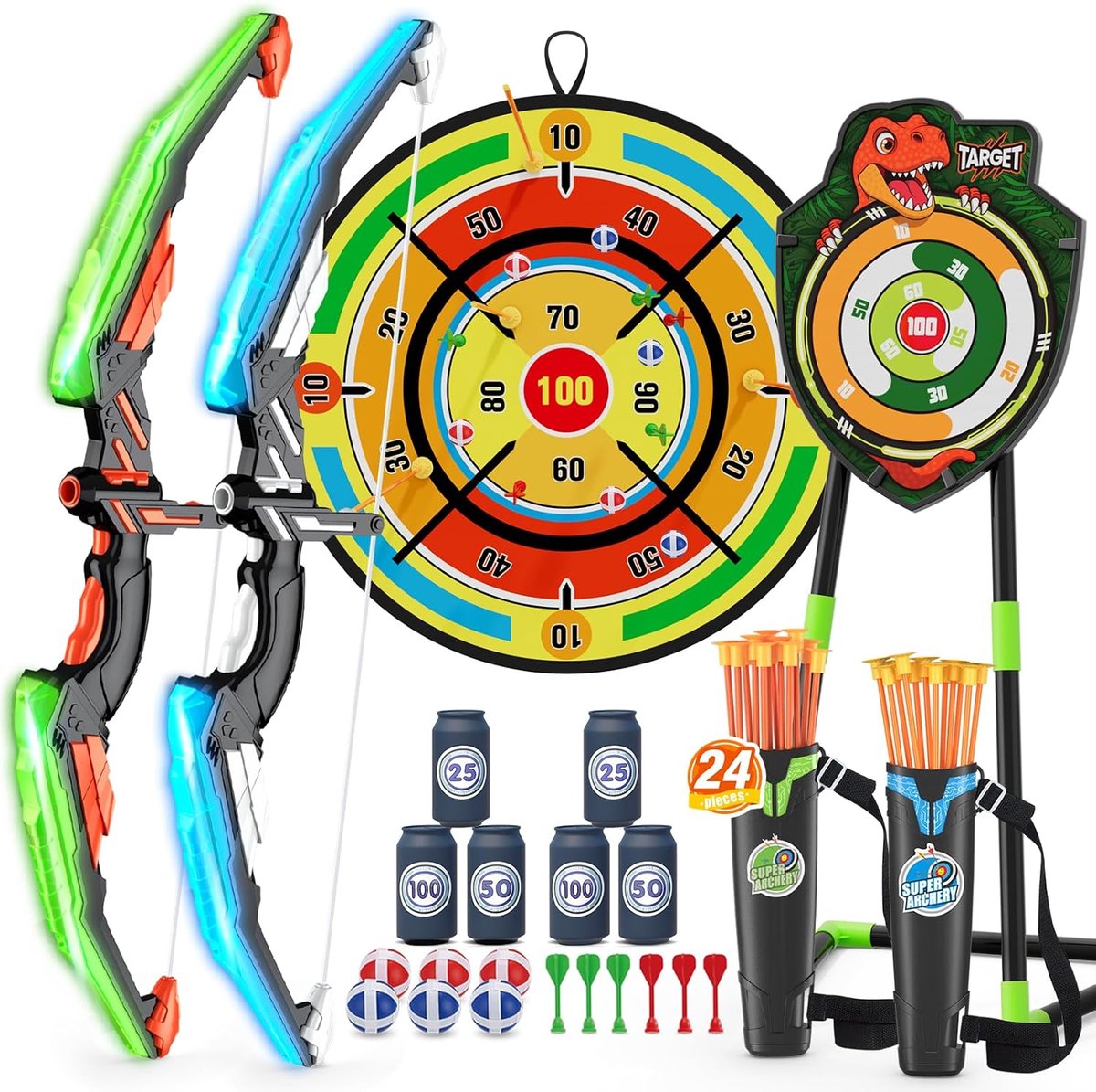 SnelShoppen - 2 Stuks Pijl en Boog Speelgoed voor Kinderen, LED Licht Boogset met 29 Inch Dartbord, Suction Cup, Staande Doel, Score Doelen, Binnen en