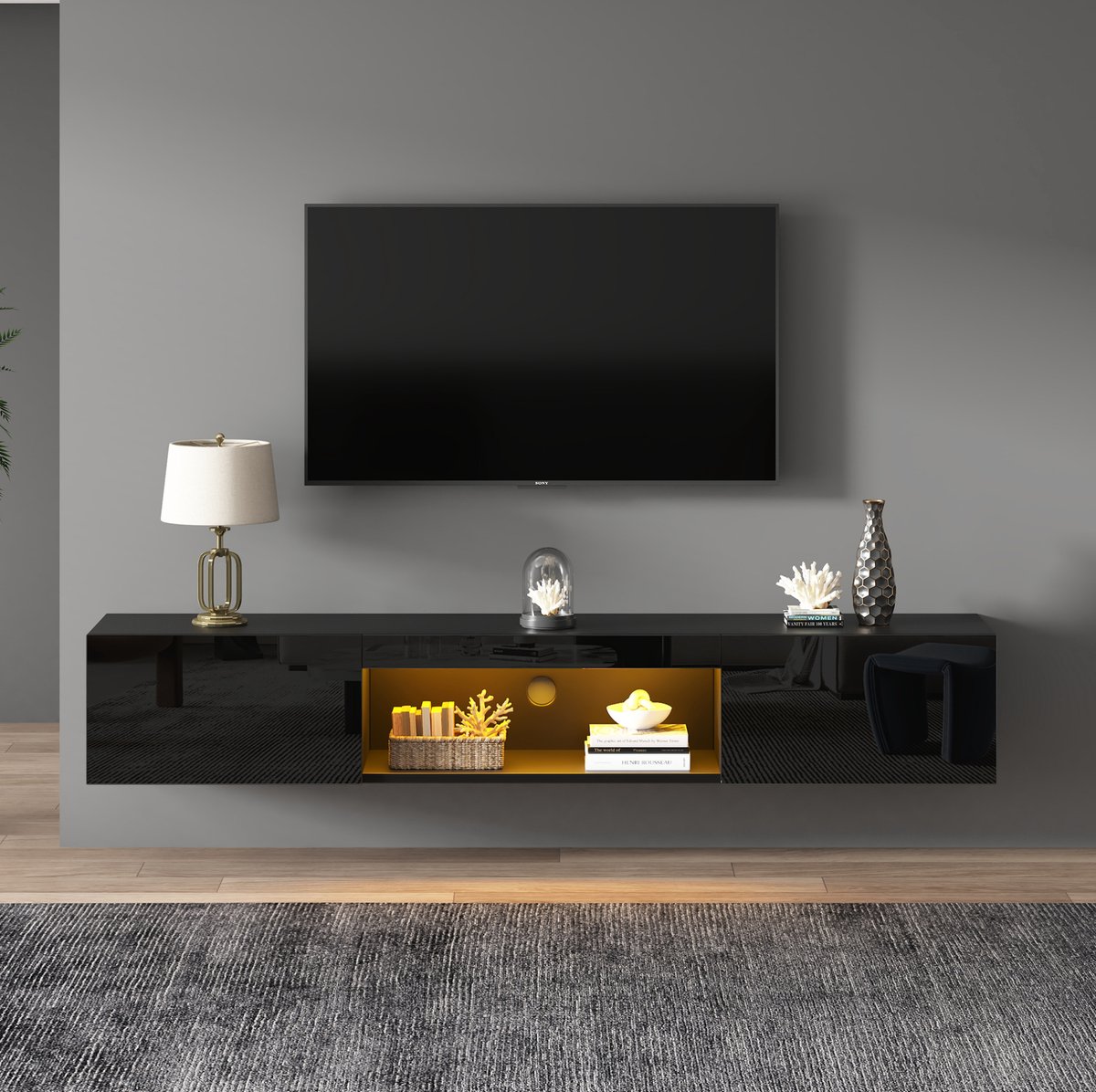 Wishdor - TV meubel - wandmontage met LED-verlichting - open vakken en 2 klepdeuren - modern design - woonkamer - houtlook zwart hoogglans - 160 x 31 x 22 cm