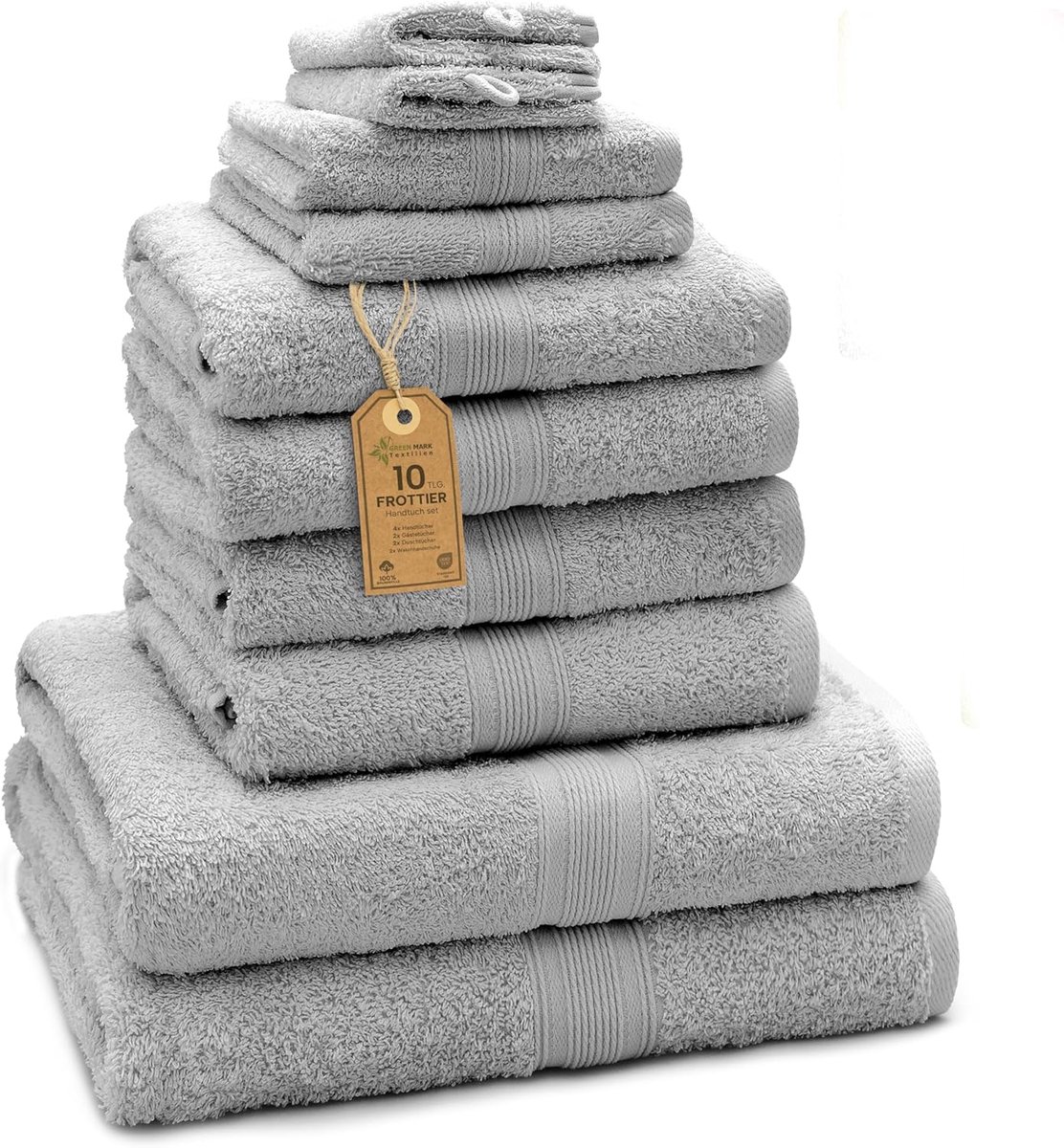 Thijox - 10-delige handdoekenset van 100% katoen - 4 handdoeken 50x100 cm, 2 badhanddoeken 70x140 cm, 2 gastendoekjes 30x50 cm, 2 washandjes - Zilverg