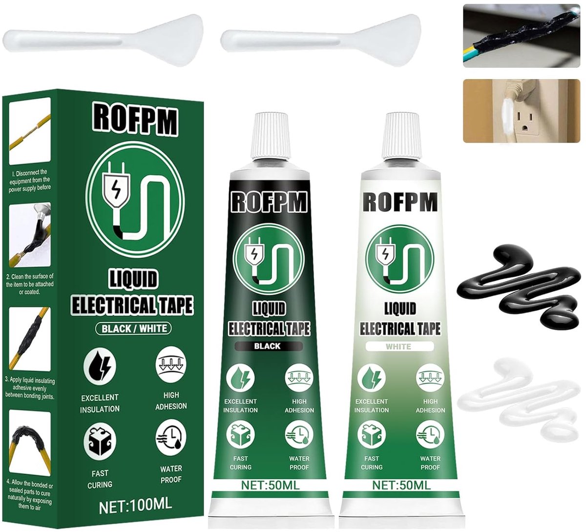SnelShoppen - 2 Stuks Liquid Isolatie Lijm, Zwart + Wit, Waterproof Snel Drogen Vloeibare Isolatie Tape, Isolerend Rubber voor Alle Soorten Leidingen