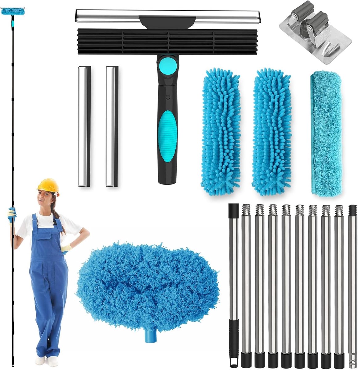 SnelShoppen - 4-in-1 Telescopische Raamwisser Set 24-390 cm - Extra Lange Ramenreinigingskit met Microvezeldoeken, Rubber Schrapers voor Binnen en Bui