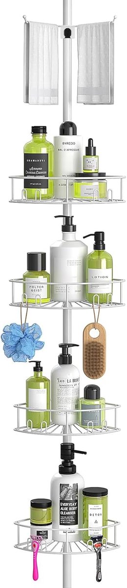 SnelShoppen - Telescopische Douche Rek met 4 Mandjes en 1 Handdoekrek, Hoogte Verstelbaar 149-276 cm, Wandplank Zonder Boren, Wit voor Badkamer en Dou