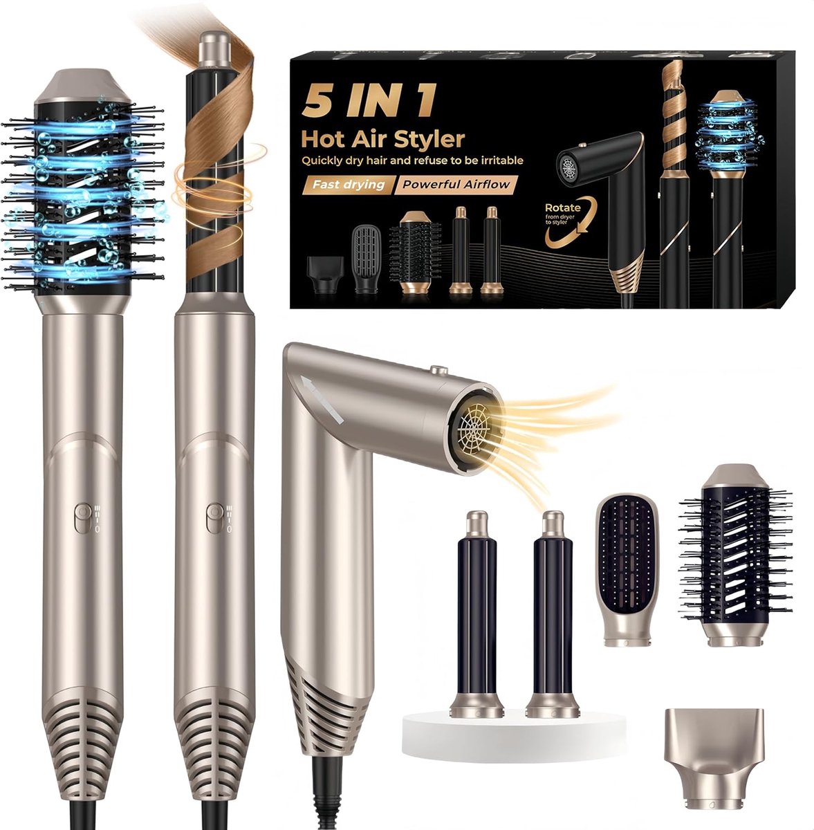 SnelShoppen - 5-in-1 Hot Air Brush & Air Styler, Ionic Haardroger met 2 Luchtkrulijzers, Volume Borstel, Ronde Borstel, Steilborstel, Goud, Voor Alle