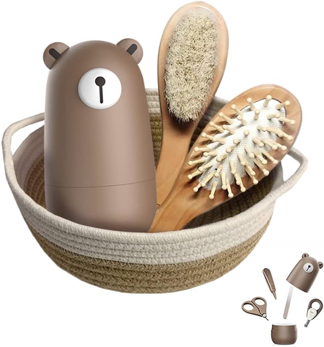 Thijox - Baby 7 in 1 Verzorgingsset met Nagelschaartje, Nagelvijl, Pincet, Houten Haarkam, Katoenen Opbergmandje - Perfect voor Pasgeborenen en Kinder