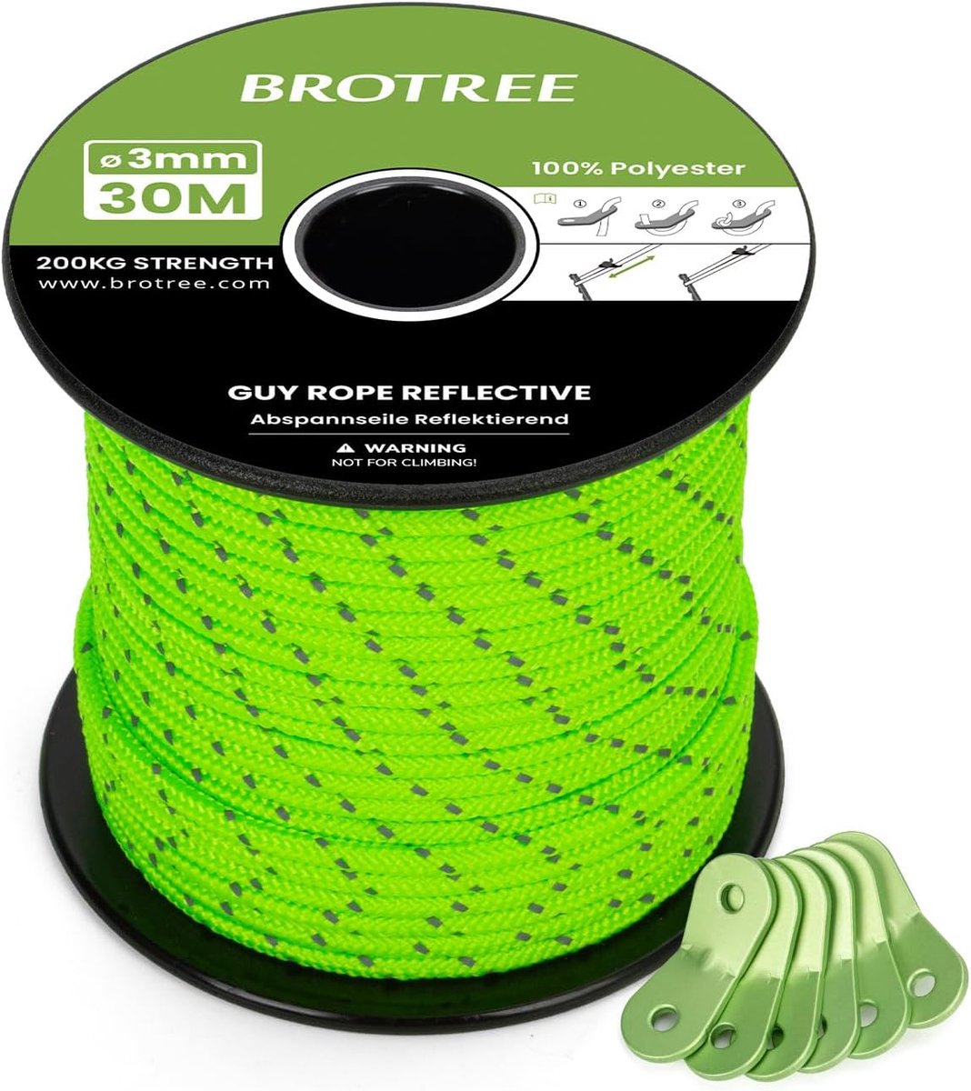 SnelShoppen - Heavy Duty Tent Touw 3mm 30m Reflecterend met 6 Aluminium Spanners - Sterk en Duurzaam voor Camping, Tuin en Gazebo - Neon Groen