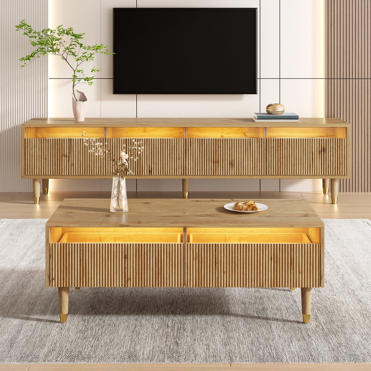 Wishdor TV-meubel set - LED-verlichting met 7 kleuren - 4 deuren en 2 lades - modern design voor woonkamer - houtlook met acrylfront - houtkleur Wood