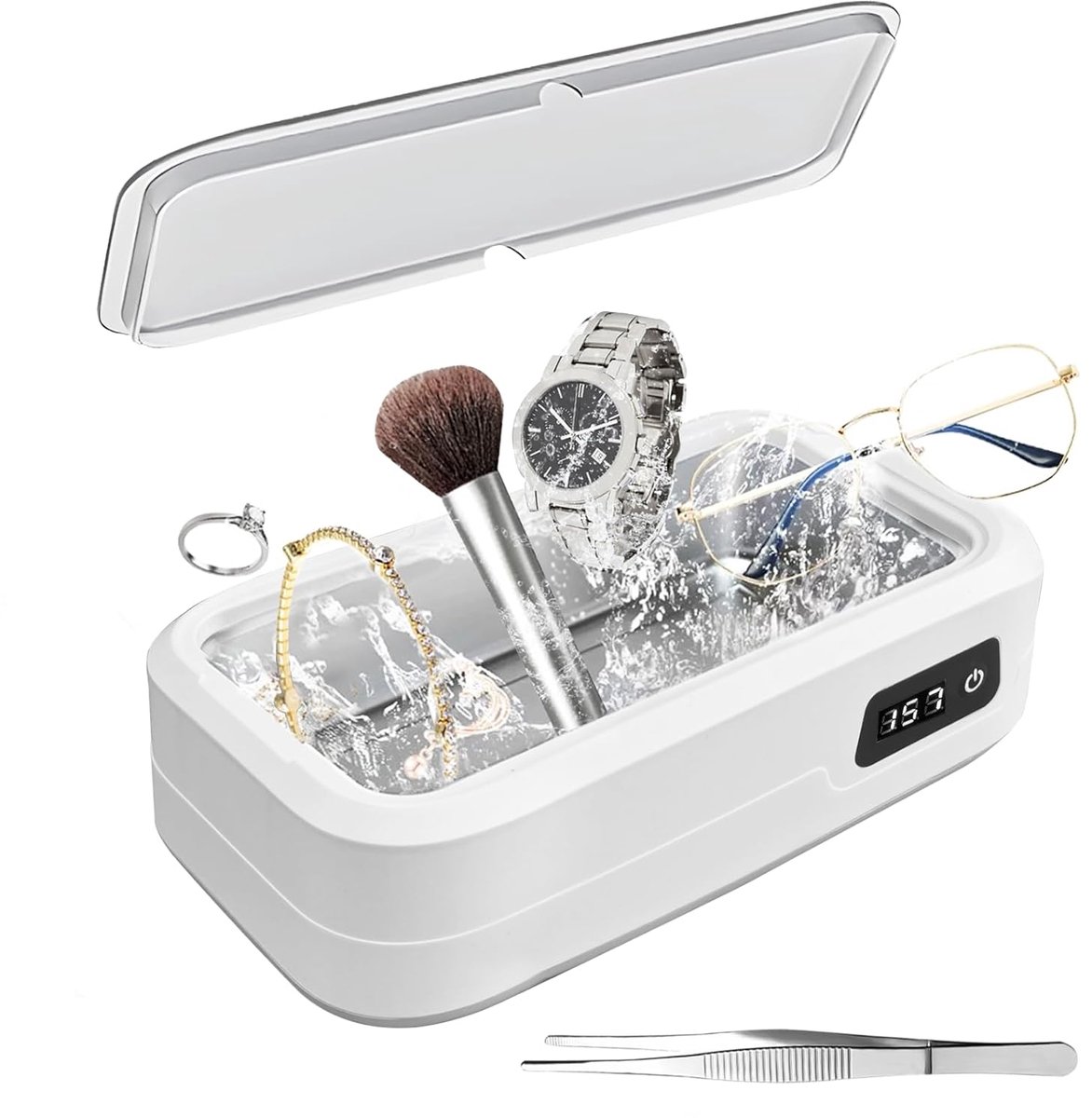 SnelShoppen - Ultrasonic Cleaning Device, 49 kHz Ultrasoon Cleaner voor Brillen, Sieraden, Muntstukken, Scheerkoppen en Tanden, Wit, 4-Timer Instellin