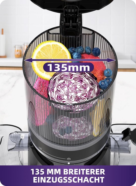 SnelShoppen - Slow Juicer voor Hele Fruit en Groenten, 135 mm Voeropening, 1.8 L Inhoud, Eenvoudig Schoon te Maken, Elektrische Juicer Zwart met 2 Gla van Snelshoppen — afbeelding 5