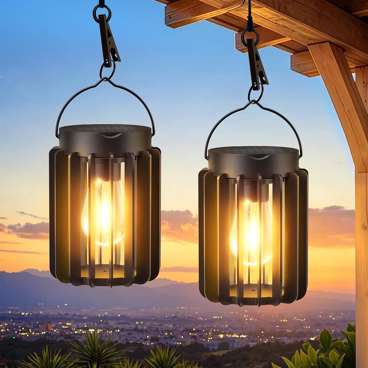 SnelShoppen - Solarlampen voor buiten met grote LED-gloeilamp, 2 stuks hangende zonne-lantaarns IP65 waterdicht voor tuin, terras, balkon, gazon, binn