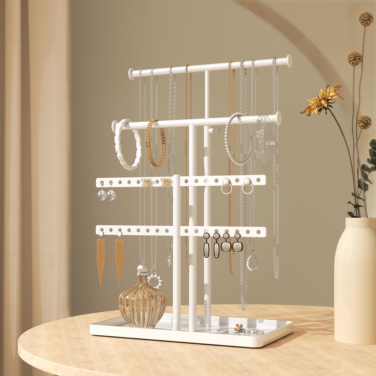 SnelShoppen - Jewelry Stand Chain Holder - Wit, Grote Capaciteit, Verstelbare Sieradenhouder voor Oorbellen, Armbanden, Horloges, Perfecte Organisatie