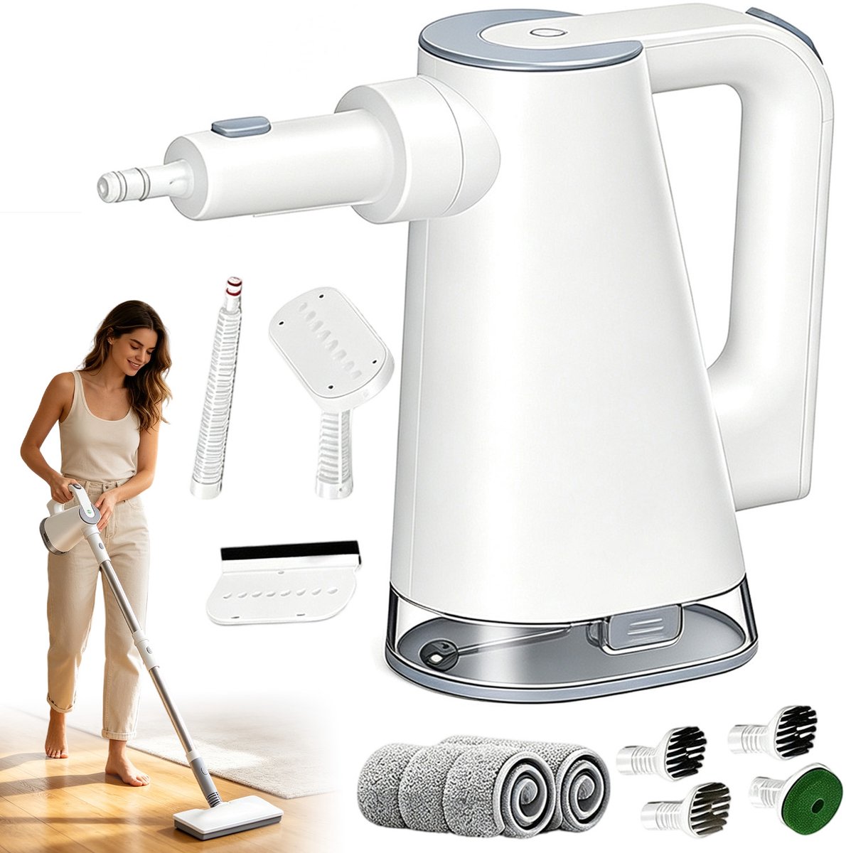 2-in-1 stoomreiniger - Handstoomreiniger - 15 sec Opwarmtijd - 25 min lang stomen - 5m kabel - Steam Cleaner - 10 accessoires - voor vloeren, keuken en auto