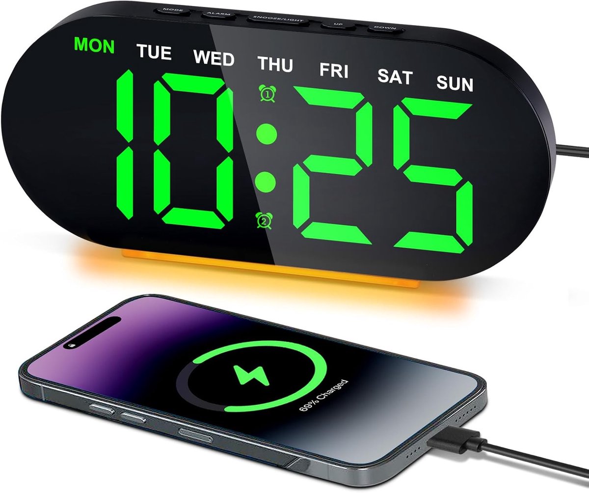 SnelShoppen - Digitale Alarmklok met Nachtlamp, 7 Inch Grote LED Display, Bedside Klok met 3 Dimmer Snooze, USB Oplader, Datum, Week, Temperatuur, Dub