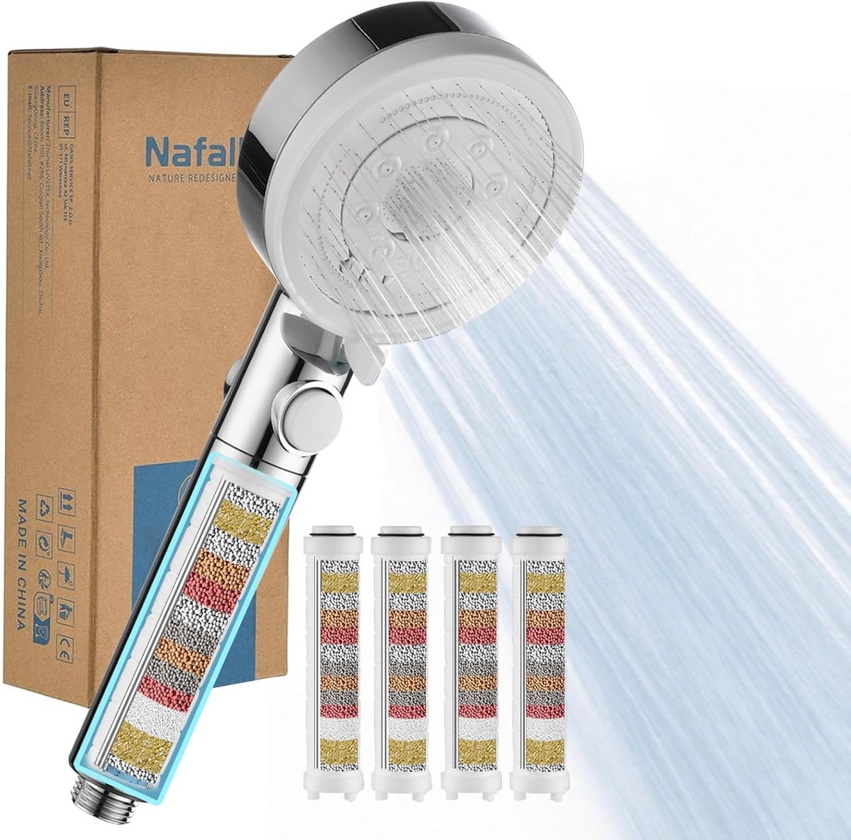 SnelShoppen - Douchestraal met 4 PP-filter, 5 Modi, Chroom Wit | Douchestraal filtert zware metalen, verwijdert chloorresten, bacteriën, 6 L/min, pauz