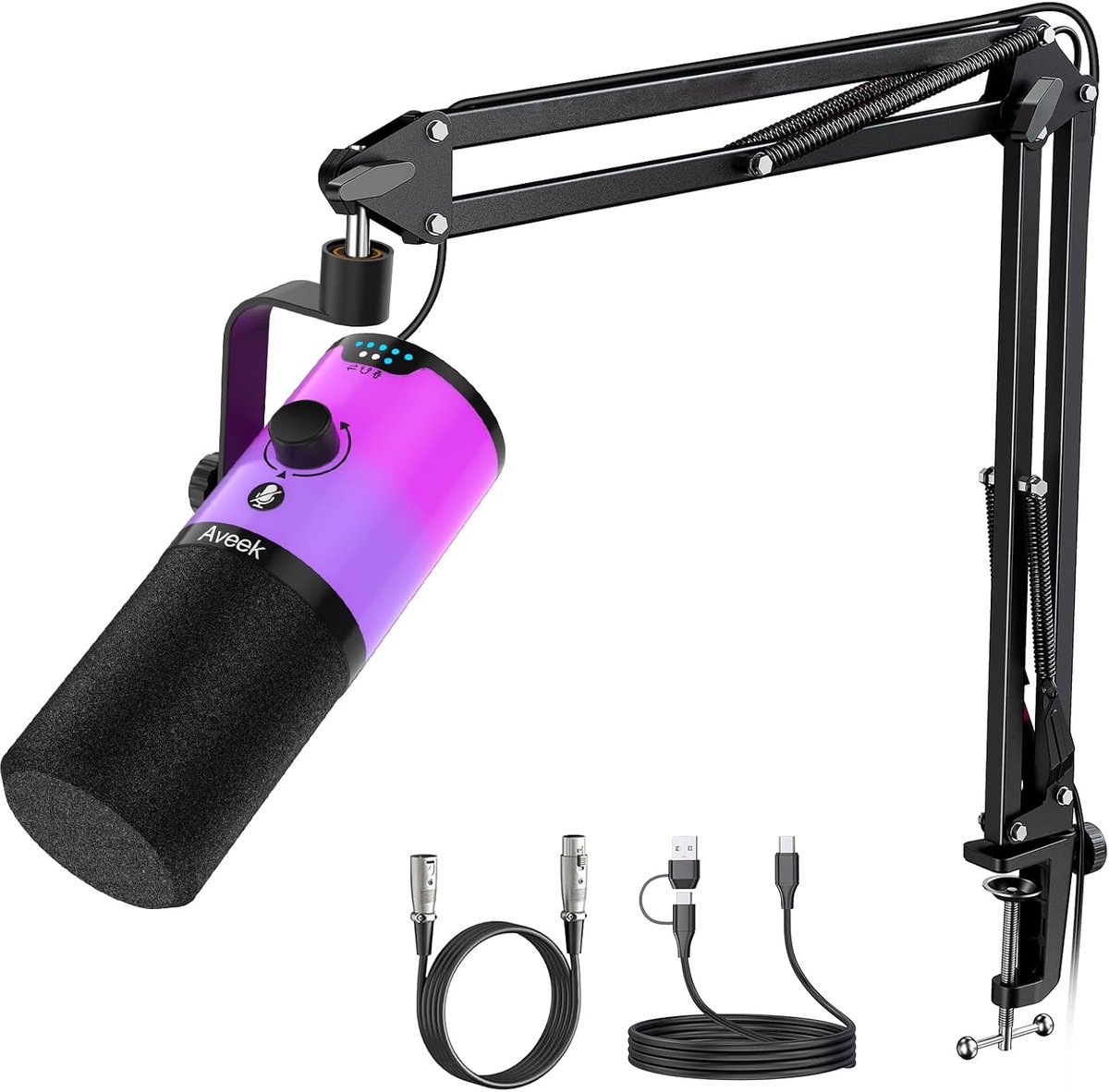 SnelShoppen - Gaming Microfoon met Articulated Arm, Dynamische Microfoon met Gain Control en Headphone Jack, RGB Microfoon voor Podcast, Streaming en