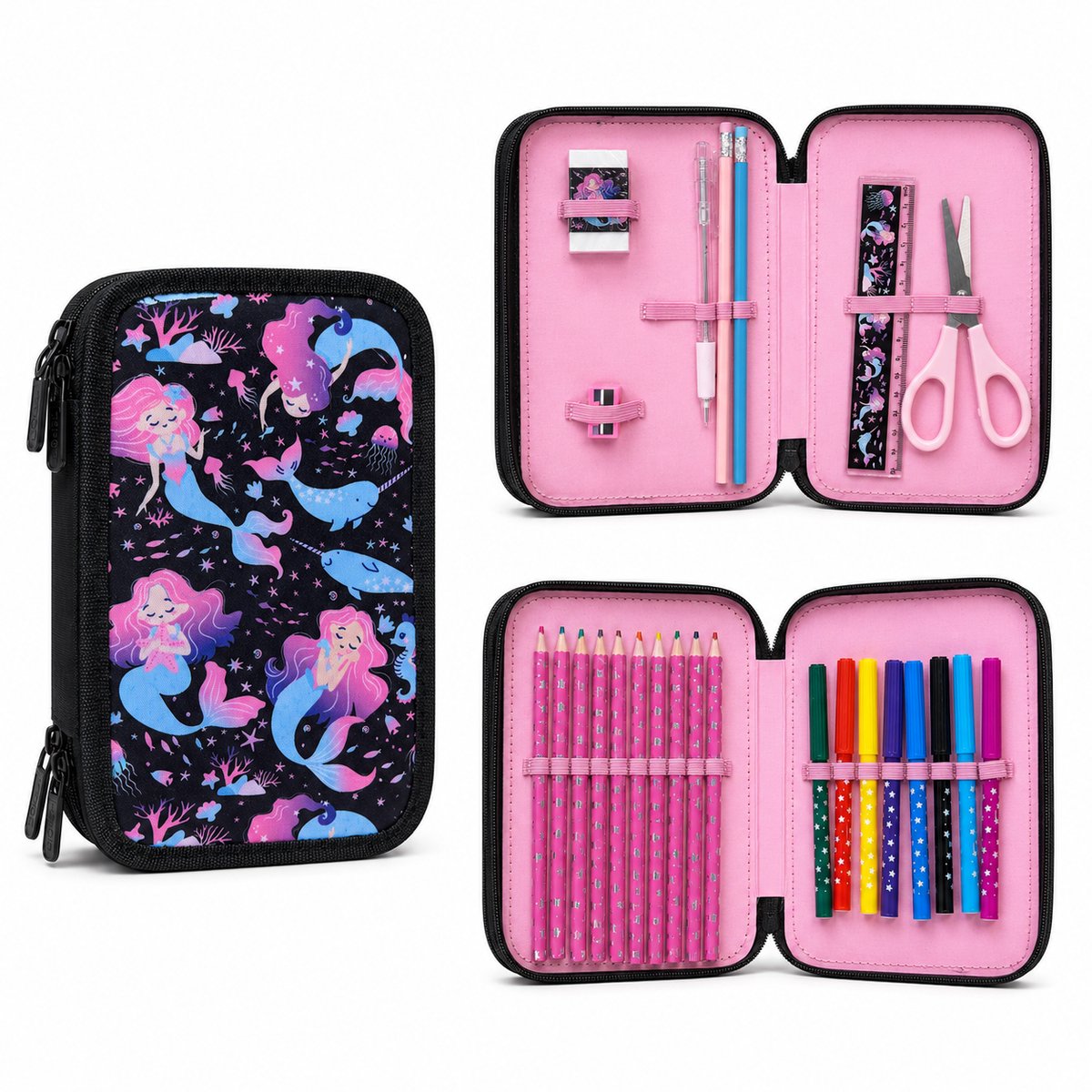 Benza - Gevulde Etui met Zeemeerminnenprint - 25-delige Schrijfwaren Set - Dubbele Etui met 2 Ritsvakken - Roze