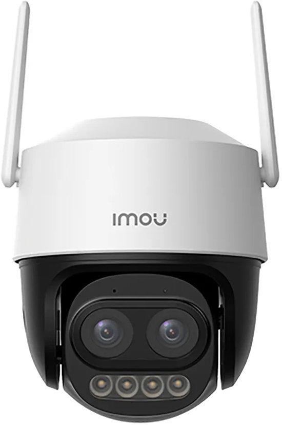 Imou beveiligingscamera met dubbele lens, twee antennes en een zwart-witte behuizing.