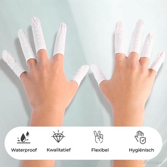 Twee handen met witte vingercondooms, met icoontjes voor waterdicht, kwaliteit, flexibel en hygiënisch.