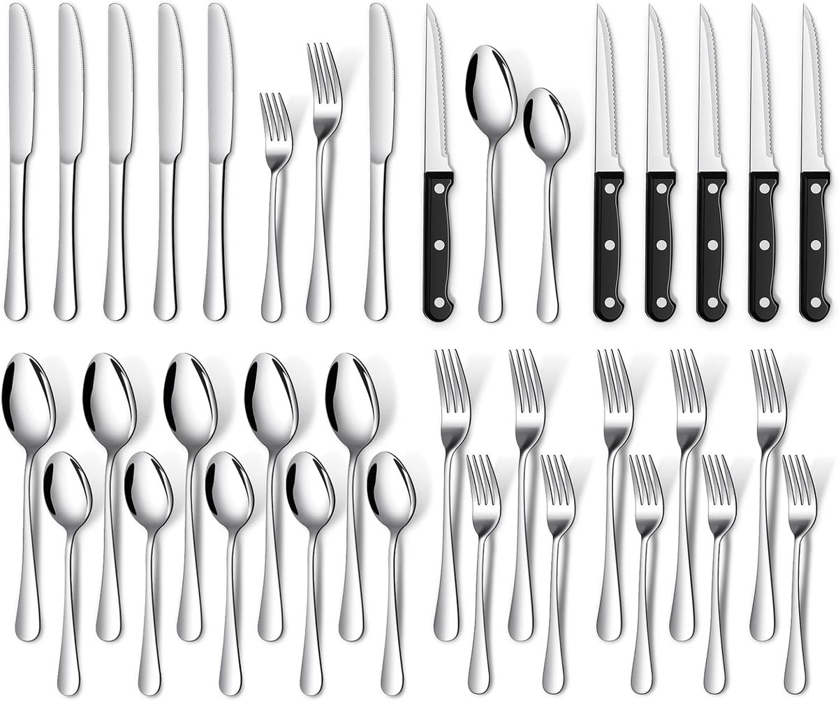 SnelShoppen - 36-delige Bestekset Zwart voor 6 Personen - Modern Roestvrijstalen Eetbestek met Ergonomisch Design - Inclusief 6 Steakmessen - Vaatwasm
