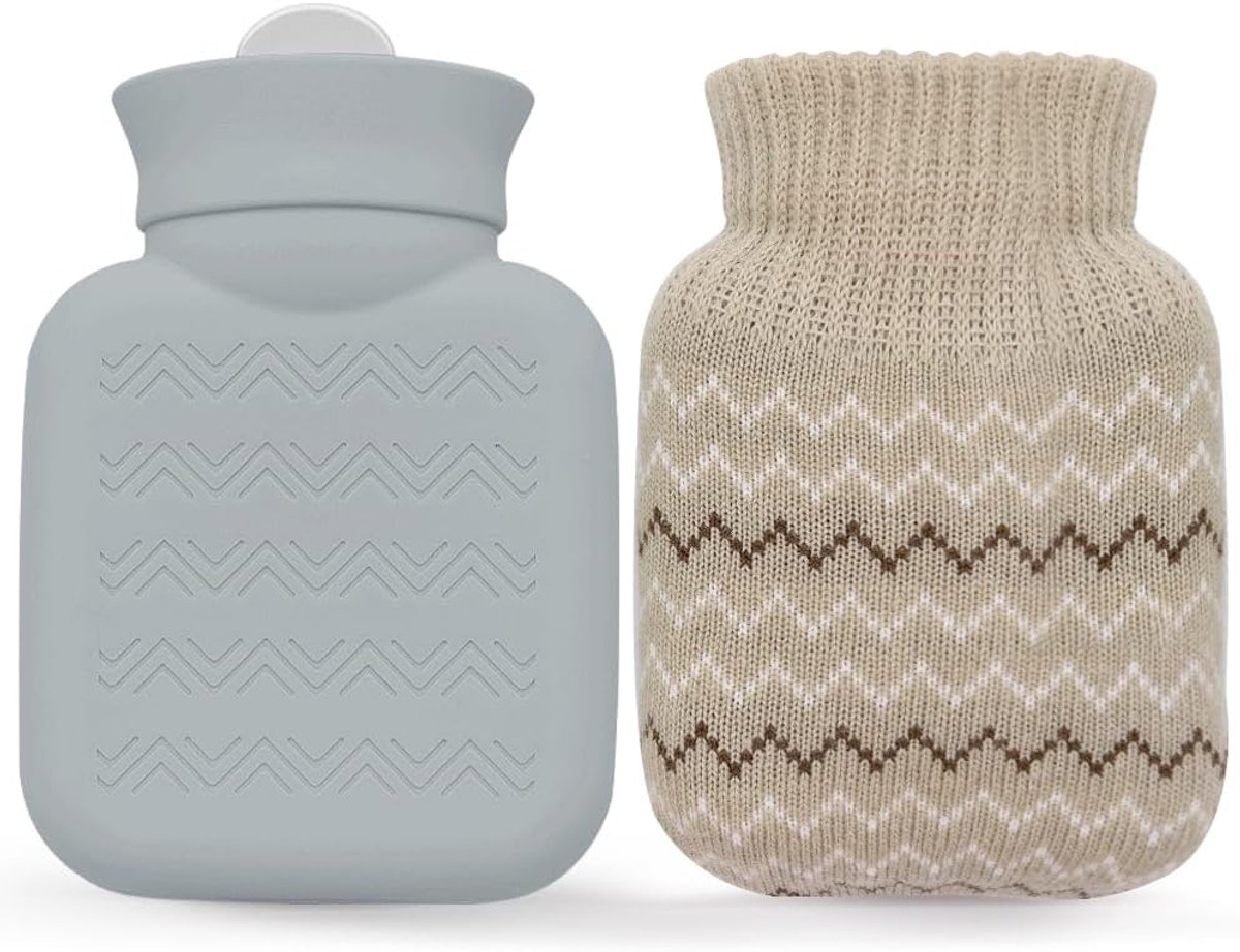 SnelShoppen - 320 ml Warmwaterkruik met Gebreide Hoes - Mini Warmwaterzak voor Pijnverlichting - Lekbestendige Warmwaterkruik voor Taille, Rug, Nek, S