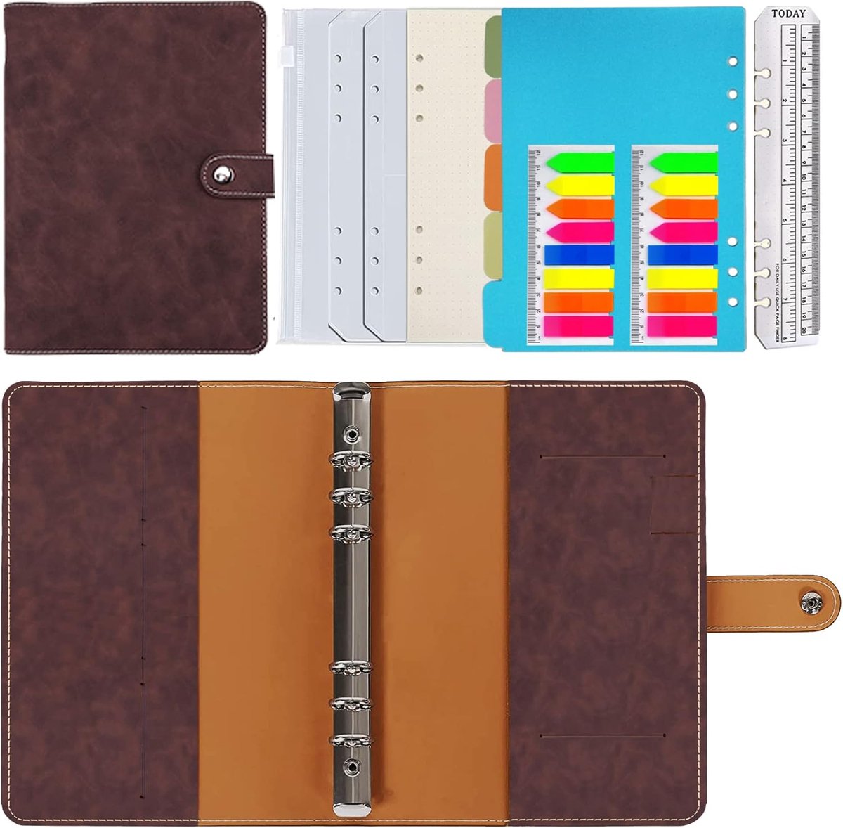SnelShoppen - A5 Ringbinder Notitieboek - Herbruikbaar Dotted Journal - Echte Leren Organizer met Binnenzakken - Rood Bruin 23x17 cm - Ideaal voor Wer