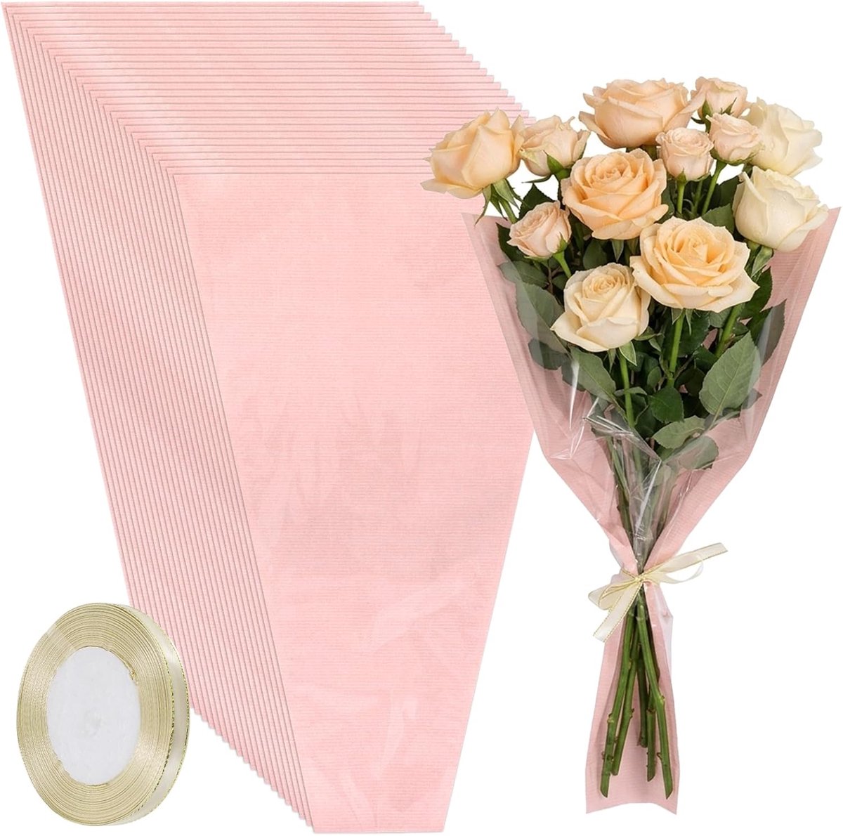 SnelShoppen - Pack van 20 Bloemen Papier met Lijm Tape, Cadeauzakken, Waterdichte Rozen Verpakking, Boeket, Cadeau Inpakpapier, Moederdag, Valentijnsd