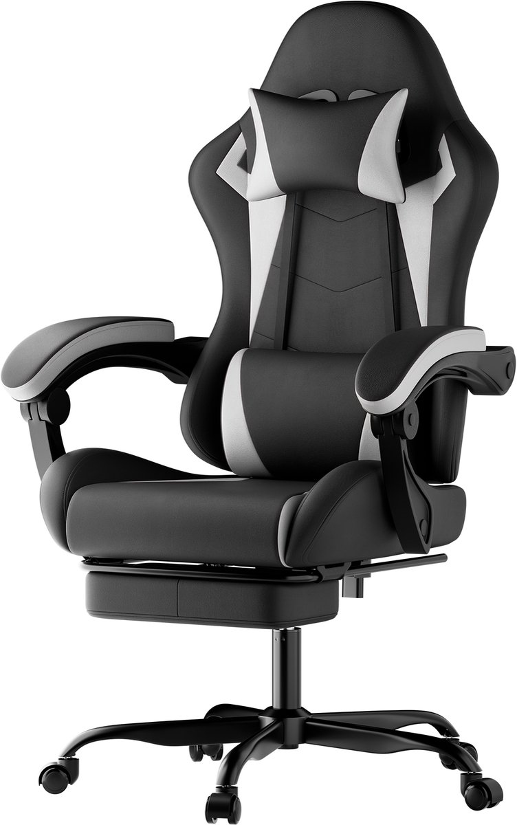Ergonomische Gaming Stoel - Met lendenkussen en hoofdsteun - Hoogteverstelbaar - Geschikt voor volwassenen, meisjes en jongens - Zwart-wit design - Comfortabel voor lange gamesessies