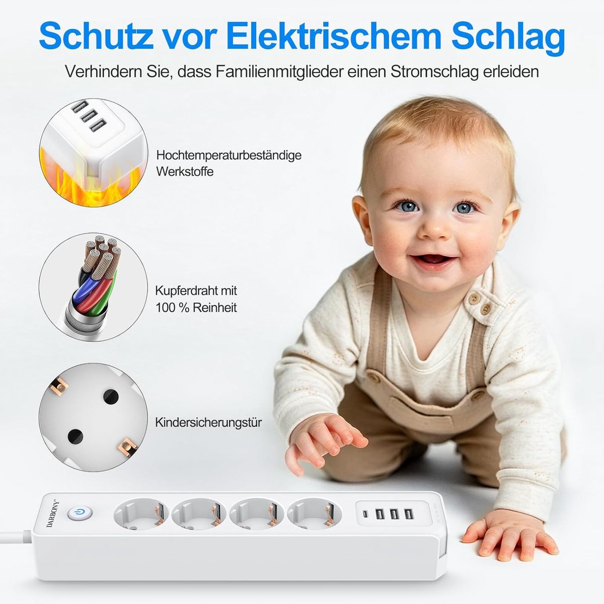SnelShoppen - Power Strip Flat Plug USB C 4-Way Meerdere Stopcontacten met Schakelaar, 4 USB Power Strip Wandmontage, Overspanningsbeveiliging, 2 m Ka