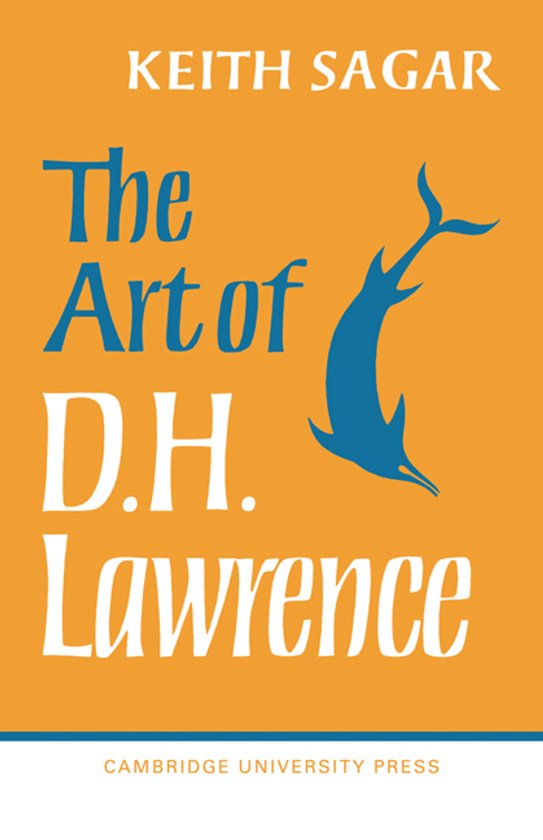 Boek "The Art of D.H. Lawrence" door Keith Sagar op een oranje achtergrond met blauwe tekst en een springende blauwe vis.
