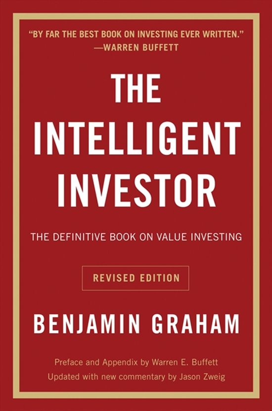 Boekcover van 'The Intelligent Investor' door Benjamin Graham. Rode kaft met gouden rand. Titel in grote witte letters.