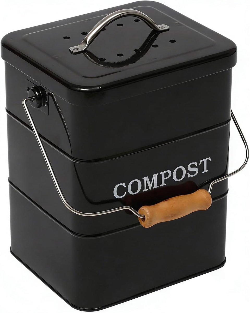 Compostemmer Keuken - Afvalbak Klein - Biologisch Afval - Met Koolfilter - 6 Liter - Zwart